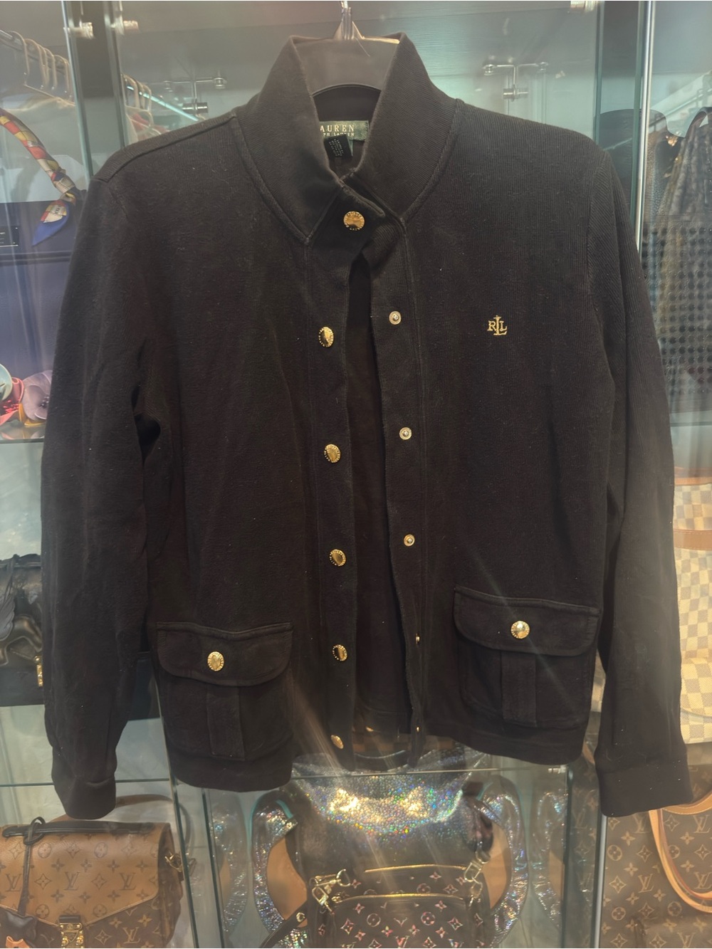 Ralph Lauren Black Crewneck Sweater Jacket with Gold Buttons